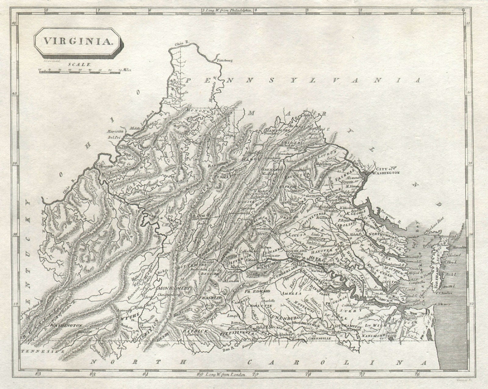 Virginia state map by Arrowsmith & Lewis 1812 old antique plan chart